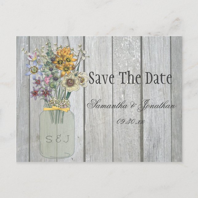 Carte Postale Faire-part Mason Jar Fleurs sauvages Grange Bois Économisez L (Devant)