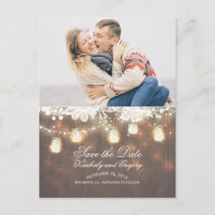 Carte Postale Faire-part Mason Jar Lights Lace Rustique Photo Enregistrer l