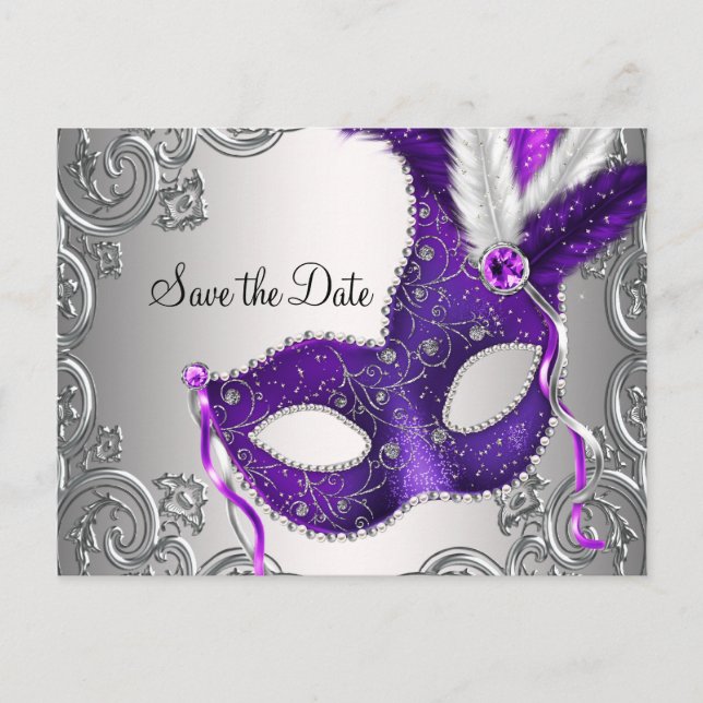 Carte Postale Faire-part Masquerade violette Enregistrer la date (Devant)