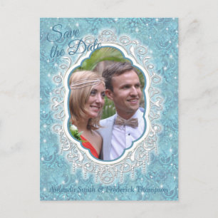 Carte Postale Faire-part Mélange de motifs bleus et dentelle blanche