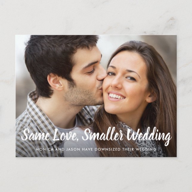 Carte Postale Faire-part Même amour, mariage plus petit, photo simple (Devant)