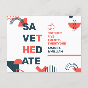 Carte Postale Faire-part Memphis Style Abstrait Mariage Bleu & Rouge Save T