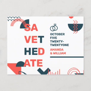 Carte Postale Faire-part Memphis Style Abstrait Rouge & Bleu Mariage Enregi