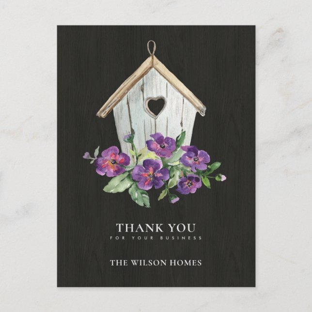 CARTE POSTALE FAIRE-PART MERCI FLORALE EN BOIS NOIR (Devant)
