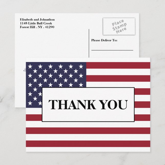 Carte Postale Faire-part Merci Mariage du drapeau américain (Devant / Derrière)
