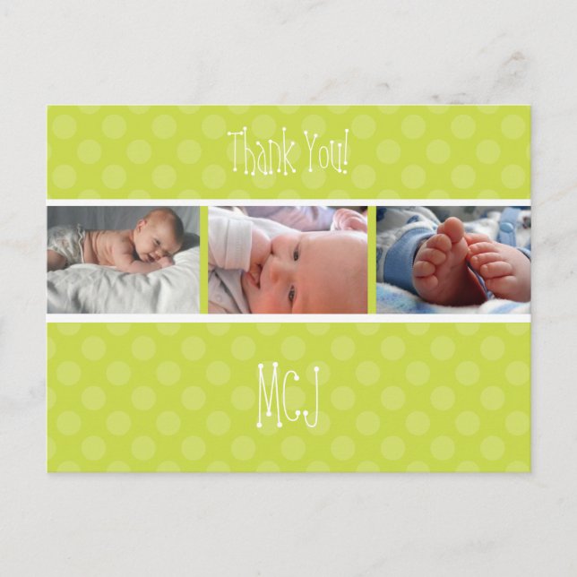 Carte Postale Faire-part Merci pour le monogramme de bébé, pois (Devant)