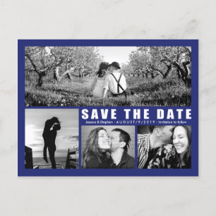 Carte Postale Faire-part Modern Blue Enregistrer La Date Collage 4 Photo Ca