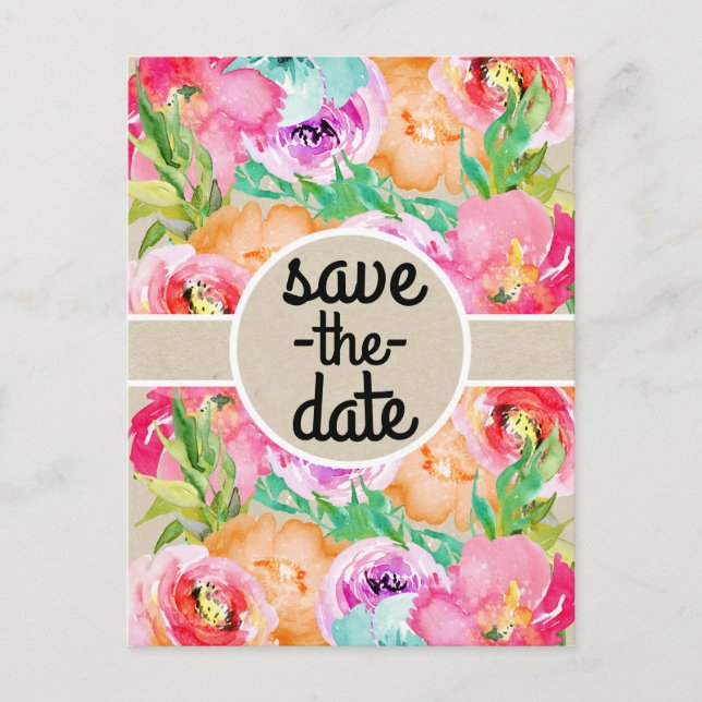 Carte Postale Faire-part Moderne brillant Floral Brown Kraft Enregistrer la (Devant)
