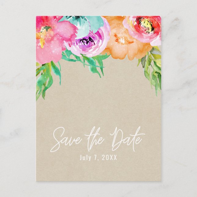 Carte Postale Faire-part Moderne brillant Floral Brown Kraft Enregistrer la (Devant)