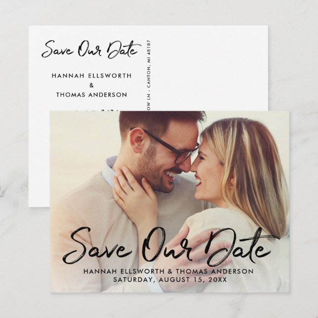 Carte Postale Faire-part Moderne Écriture Brossée Mariage Photo Sauvegarder (Devant / Derrière)