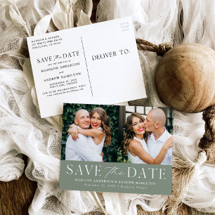 Carte Postale Faire-part Moderne Elegant Sage Green 2 Photo Enregistrer la