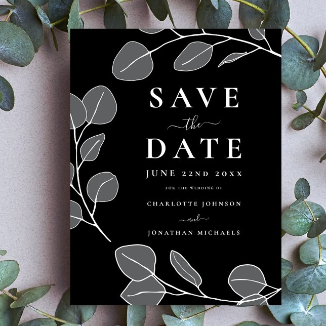 Carte Postale Faire-part Moderne Élégant Simple Feuille Mariage Noir Gris (Minimalist eucalyptus leaves modern stylish black and gray wedding save the date invitation postcard)