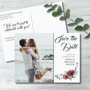 Carte Postale Faire-part Moderne Floral Bourgogne Marine Blush Enregistrer 