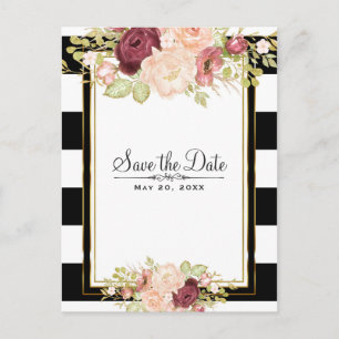 Carte Postale Faire-part Moderne Floral Glam Noir Blanc Économisez la Date