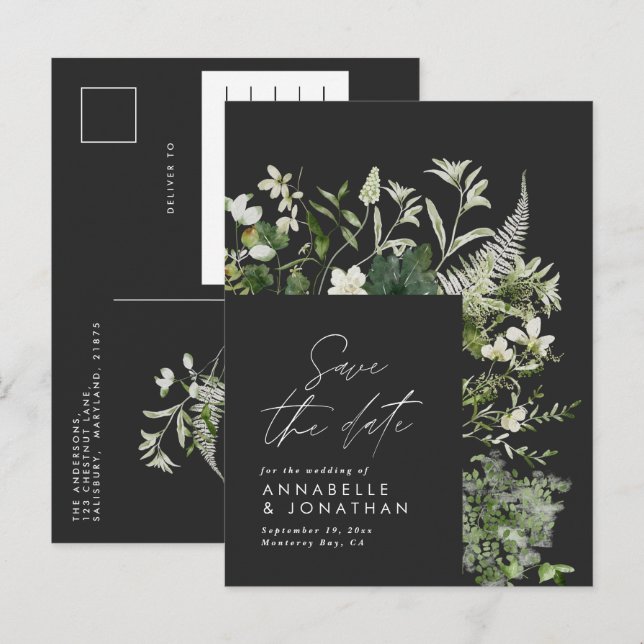 Carte Postale Faire-part Moderne rustique eucalyptus botanique élégant noir (Devant / Derrière)