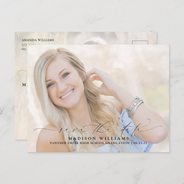 Carte Postale Faire-part Moderne Script 2 Photo Graduation Enregistrer la d (Devant / Derrière)