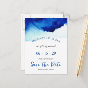 Carte Postale Faire-part Moderne Script Aquarelle Indigo Blue Enregistrer L