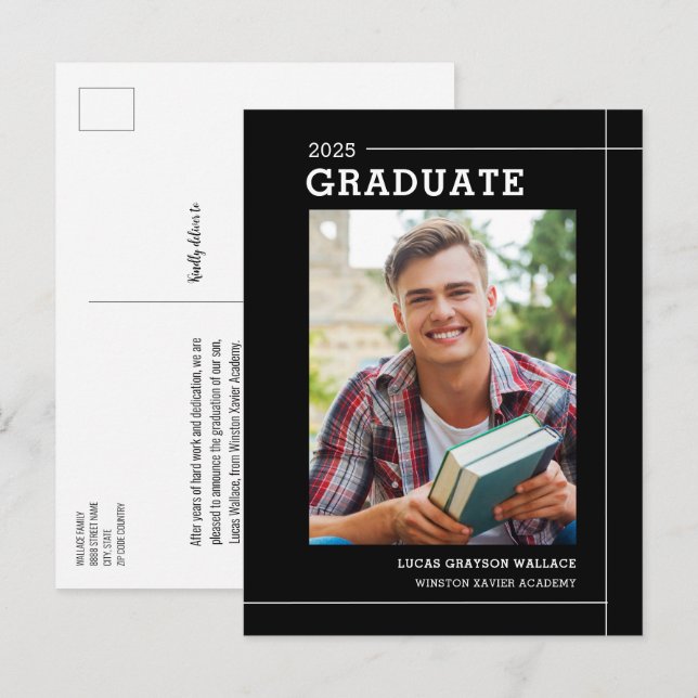 Carte Postale Faire-part Moderne Simple Black White Photo Graduation (Devant / Derrière)