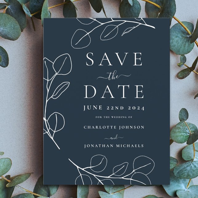 Carte Postale Faire-part Moderne simple Feuille Mariage bleu marine (Minimalist leaves stylish typography navy blue wedding save the date budget invitation postcard )