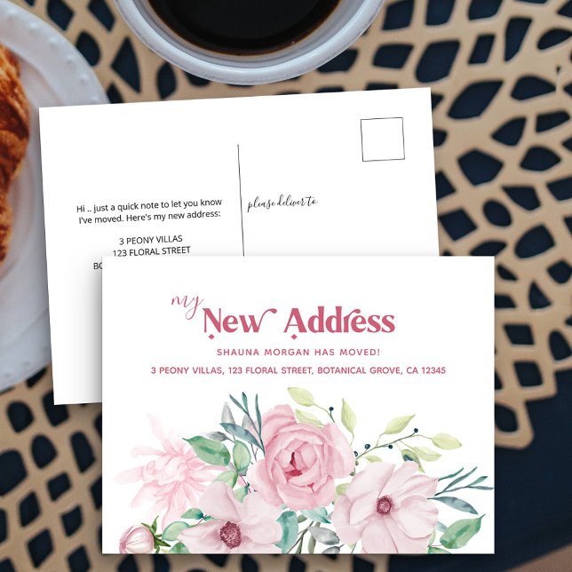 Carte Postale Faire-part Mon annonce de déménagement floral de pivoine (New Address postcard with pretty pink peony rose flowers)