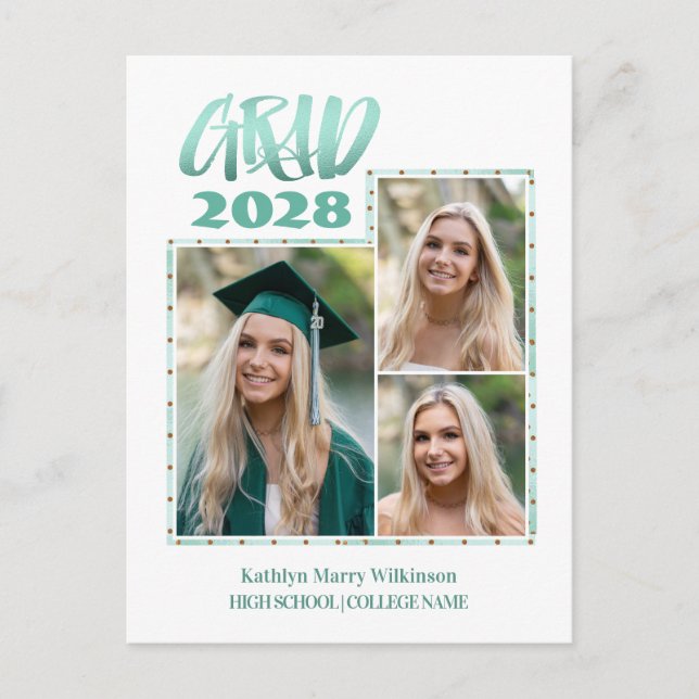 Carte Postale Faire-part Monnaie d'or moderne Script 3 Photo Graduation (Devant)