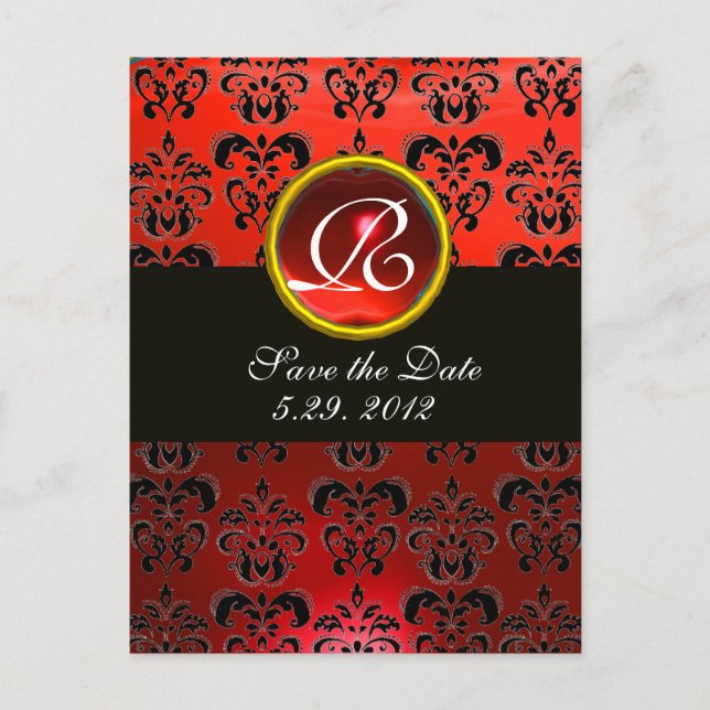 Carte Postale Faire-part Monogramme DAMASK ROUGE RUBIS NOIR BLANC (Devant)