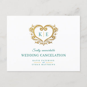 Carte Postale Faire-part Monogramme de cœur annulation de mariage or vert
