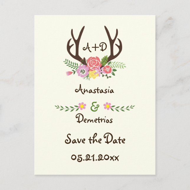 Carte Postale Faire-part Monogramme de mariage avec bois et fleurs à sauver (Devant)