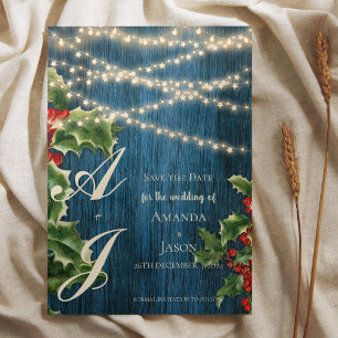 Carte Postale Faire-part Monogramme en bois bleu Noel Mariage de Noël Écono