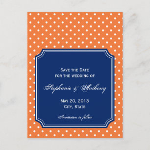 Carte Postale Faire-part Monogramme Orange, Pointe blanche Polka avec Bleu