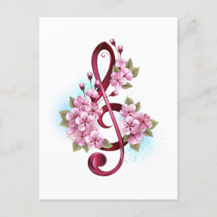 Carte Postale Faire-part Musical treble clef notes with sakura flowers