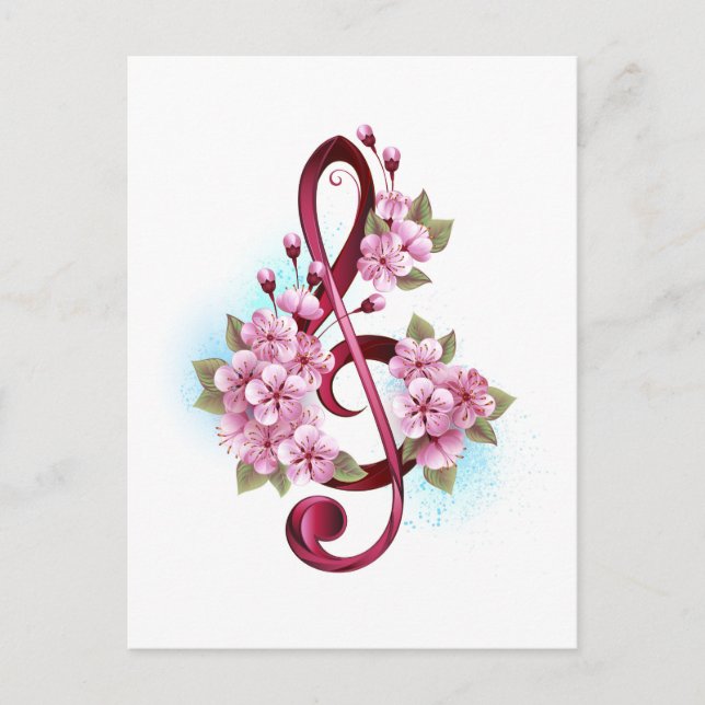 Carte Postale Faire-part Musical treble clef notes with sakura flowers (Devant)