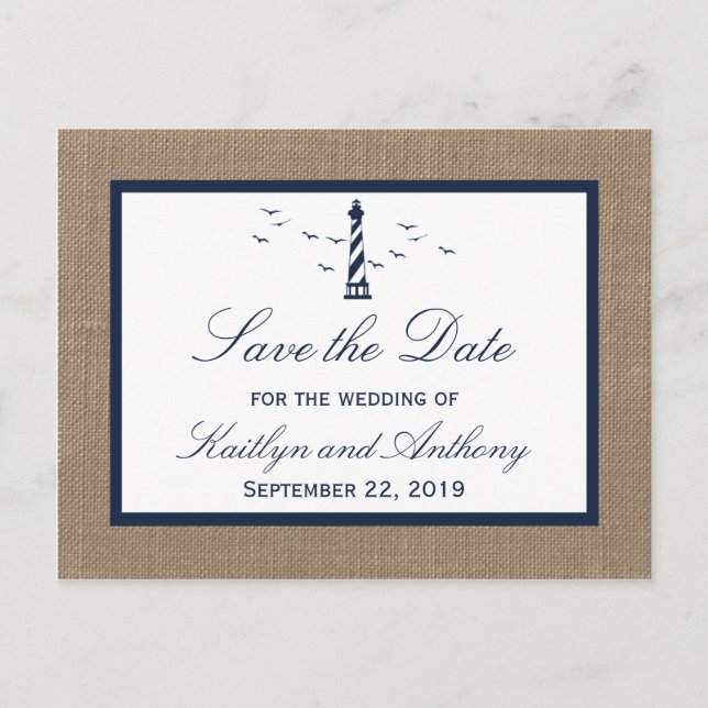 Carte Postale Faire-part Nautical Lighthouse Burlap Mariage Enregistrer La  (Devant)
