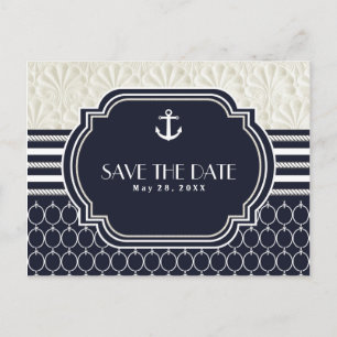Carte Postale Faire-part Nautical Navy & Mariage sur la Plage Blanc Save th