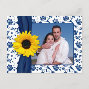 Carte Postale Faire-part Navy Bleu Jaune Damas Tournesol Enregistrer la dat