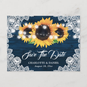 Carte Postale Faire-part Navy Blue Bois Rustique Dentelle Tournesol Enregis