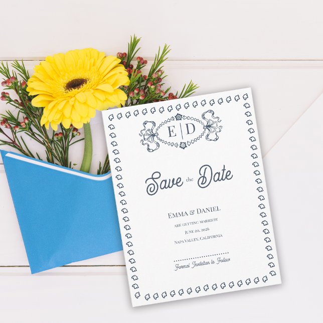 Carte Postale Faire-part Navy Blue Crest Monogram Wedding Save the Date (Navy Blue Crest Save the Date Card | Elegant Monogram Formal Wedding Announcement with Solid Back)