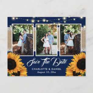 Carte Postale Faire-part Navy Blue Sunflower Enregistrer la date Photo Cart