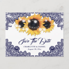 Carte Postale Faire-part Navy Blue Sunflower Lace Wedding Save The Date