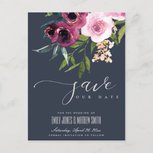 CARTE POSTALE FAIRE-PART NAVY BLUSH BOURGOGNE FLEURAL ENSEMBLE SAUVEGARDEZ