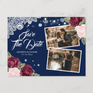 Carte Postale Faire-part Navy Burgundy Blush Floral Burlap Lace Photo