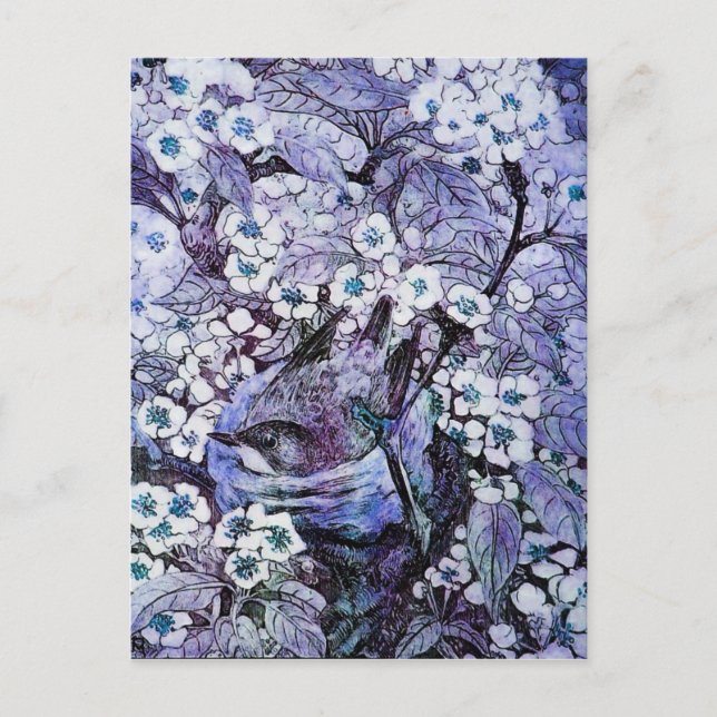CARTE POSTALE FAIRE-PART NID D'OISEAU, ARBRE AUX FLEURS BLANCHES ET BLEUES  (Devant)