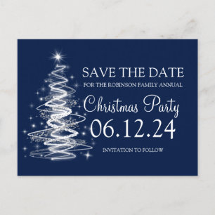 Carte Postale Faire-part Noël Sauvez La Date Arbre Étincelant Marine Bleu