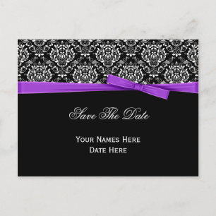 Carte Postale Faire-part Noir Blanc Damask Violet Bow Ribbon Enregistrer La