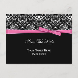 Carte Postale Faire-part Noir Blanc Damassé Ruban à Nœud Rose Save The Date