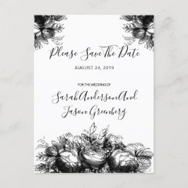 Carte Postale Faire-part Noir Blanc Encre Floral Mariage Enregistrer La Dat
