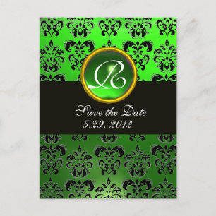 Carte Postale Faire-part NOIR BLANC ET VERT DAMASK EMERALD Monogramme