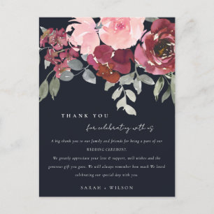 CARTE POSTALE FAIRE-PART NOIR BLEU BURGUNDY ROSE FLORAL MARIAGE MERCI