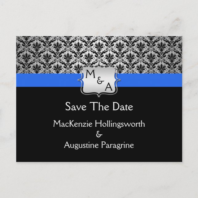 Carte Postale Faire-part Noir Bleu Royal Argent Monogramme Damassé Épargnez (Devant)