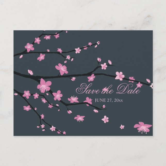 Carte Postale Faire-part Noir Cerisier Fleur Mariage Enregistrer La Date Ca (Devant)